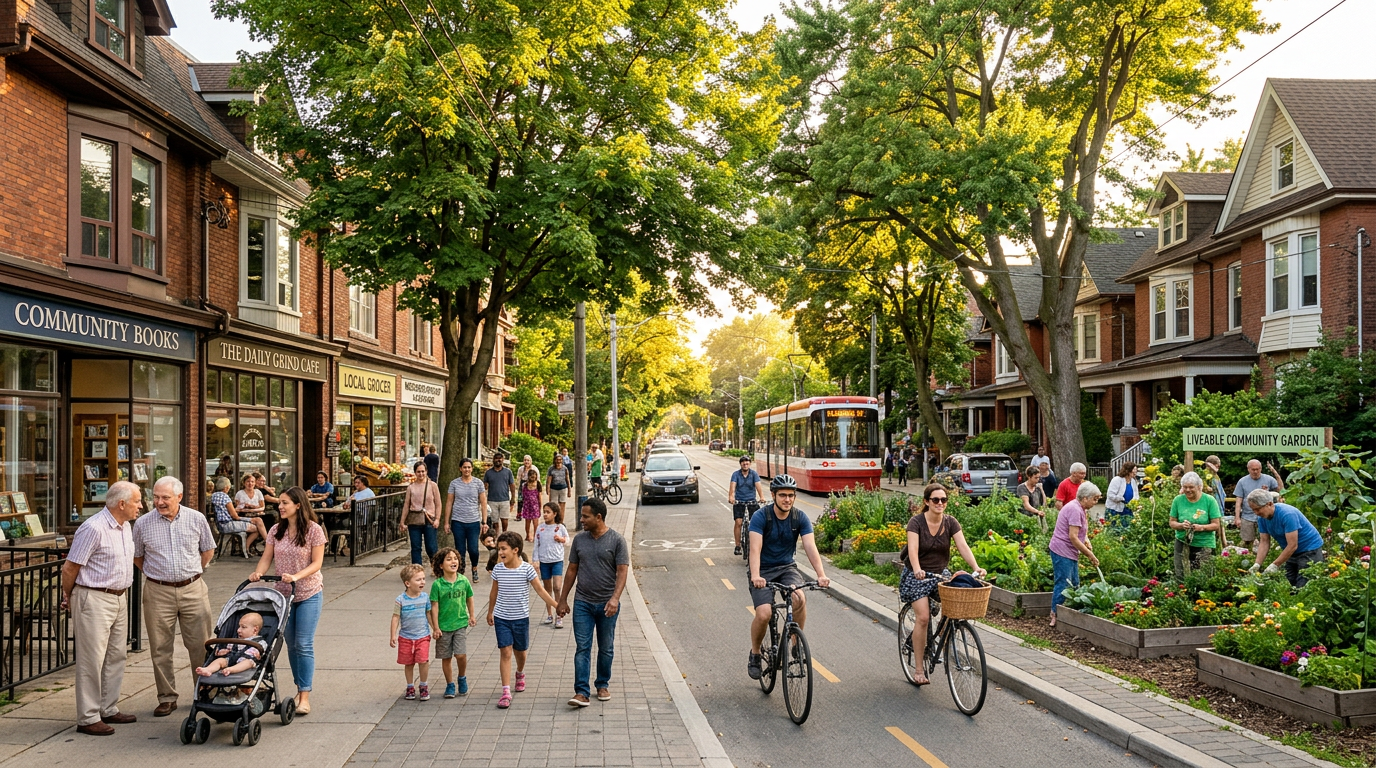 Vibrant tree-lined residential street with cyclists and community garden