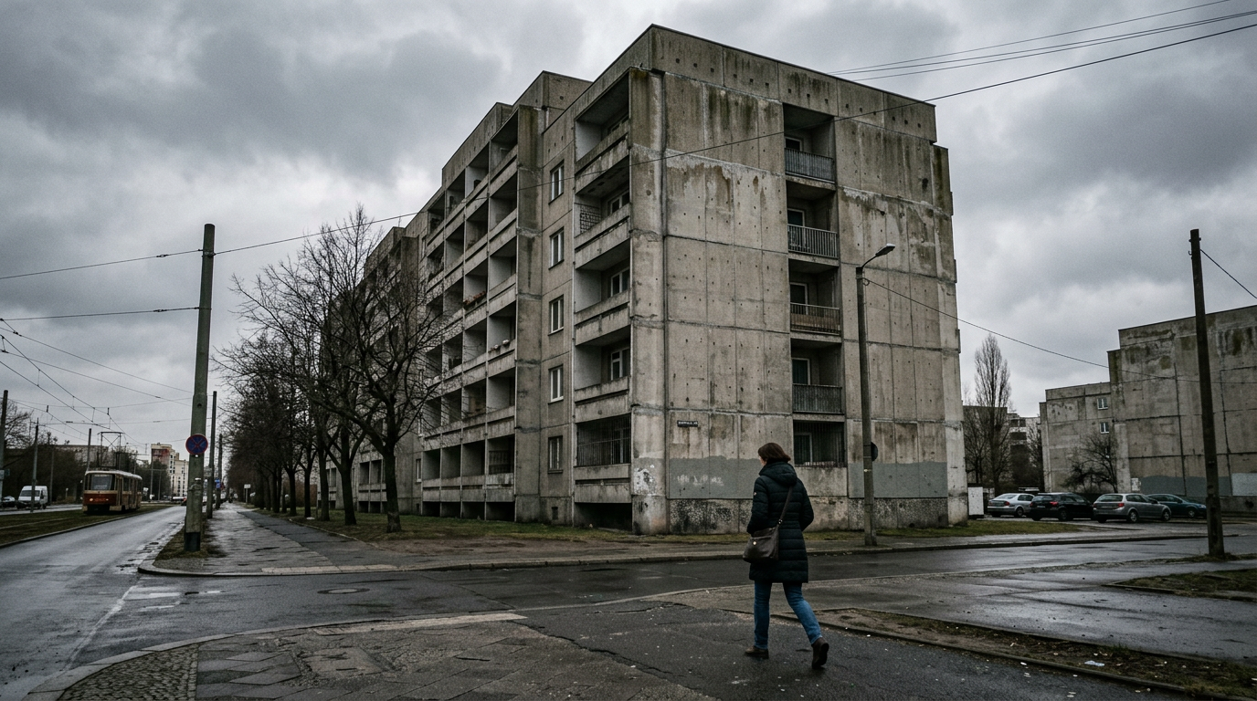 Brutalist concrete apartment block from the Cold War era
