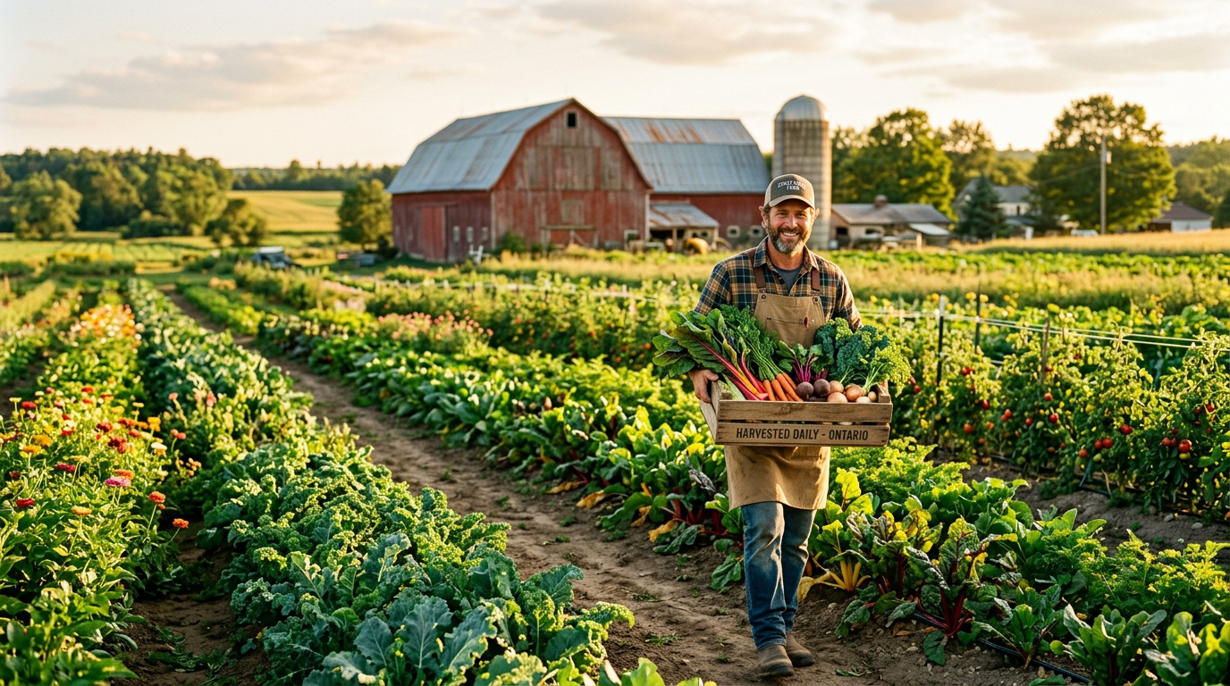 Farmer carrying freshly harvested produce at an Ontario farm