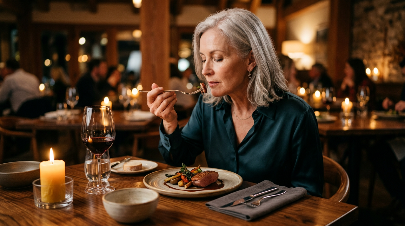Mature woman thoughtfully tasting a dish at a candlelit restaurant
