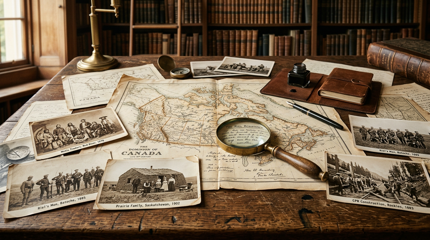 Vintage Canadian maps and archival photographs on a library table