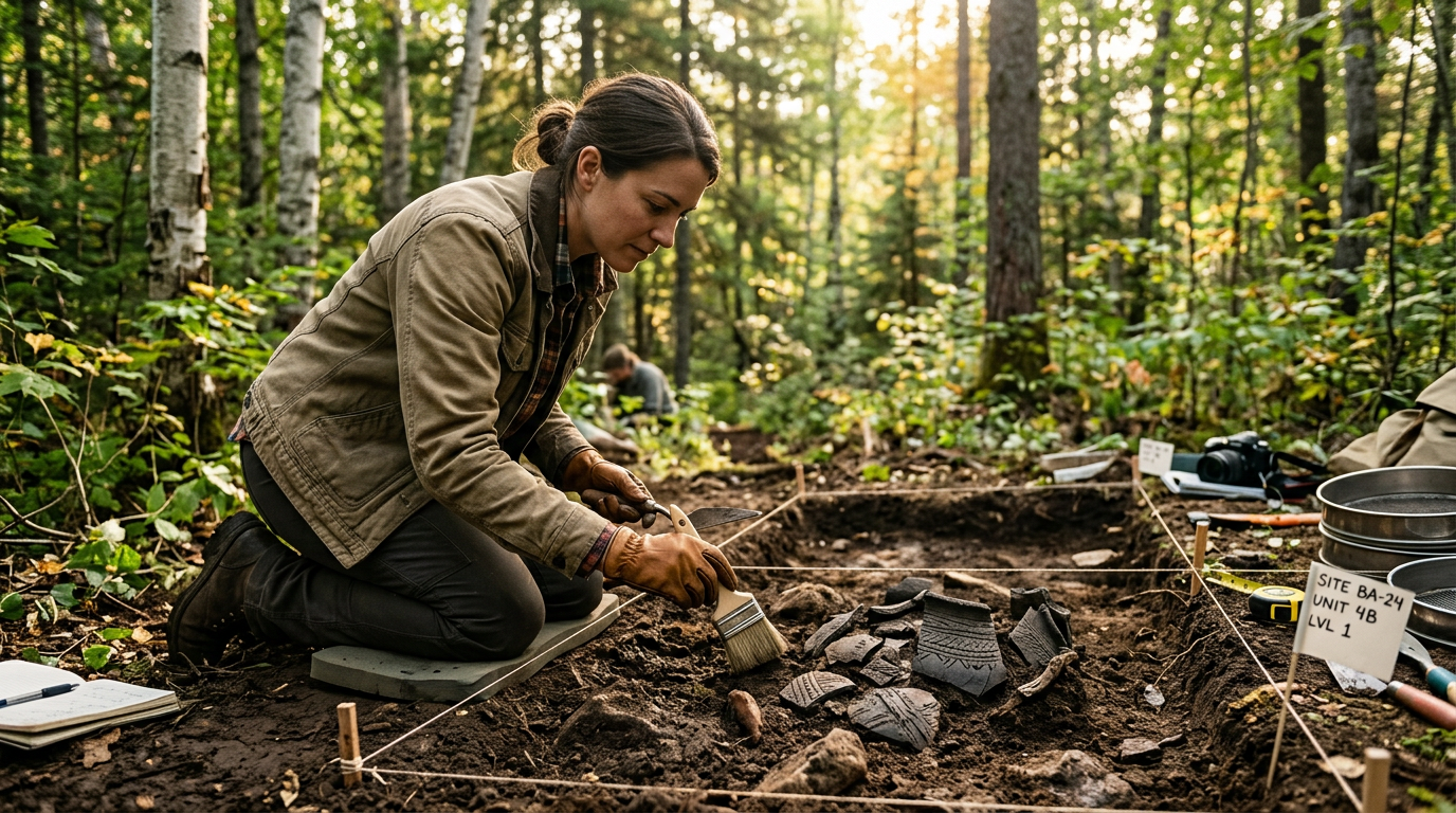 Archaeologist excavating pre-colonial artefacts in a Canadian forest