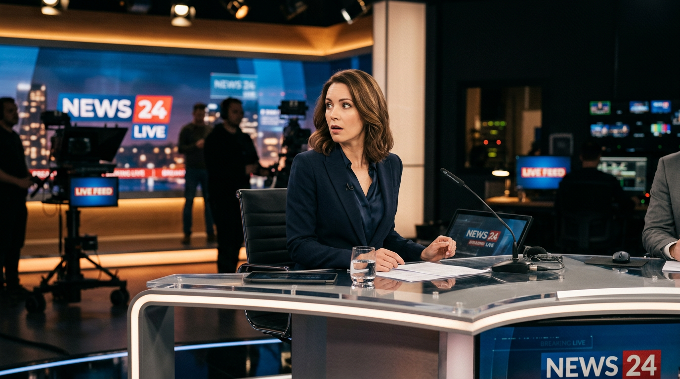 TV anchor at live broadcast desk