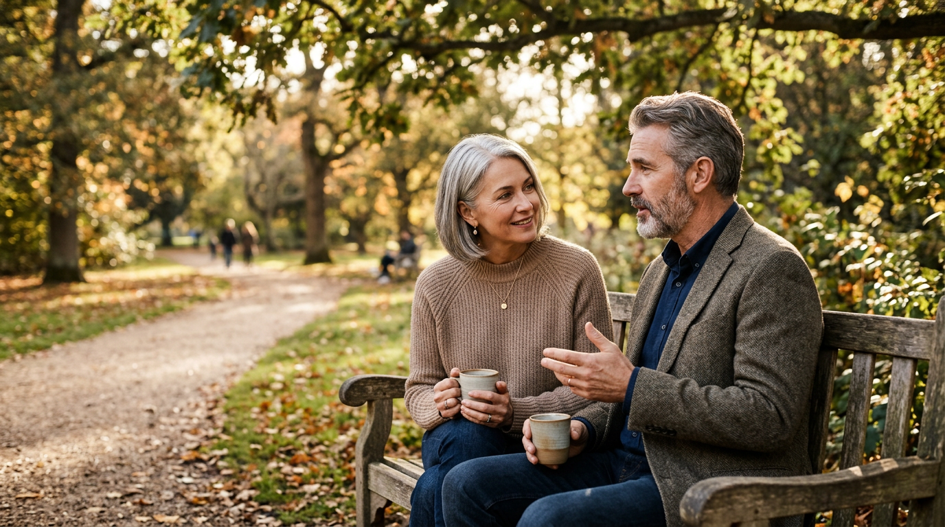 Two mature adults in conversation on a park bench