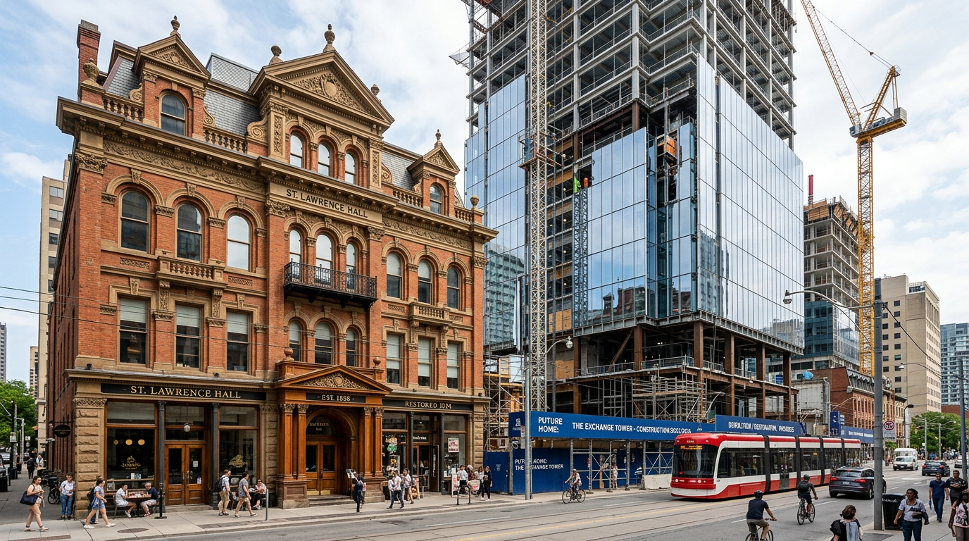 Historic building beside a modern tower in a Canadian city