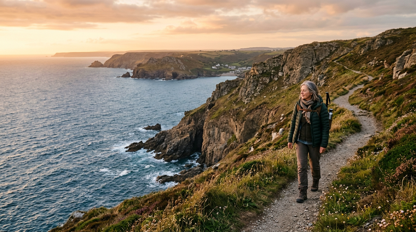 Mature traveller walking along a coastal cliff path