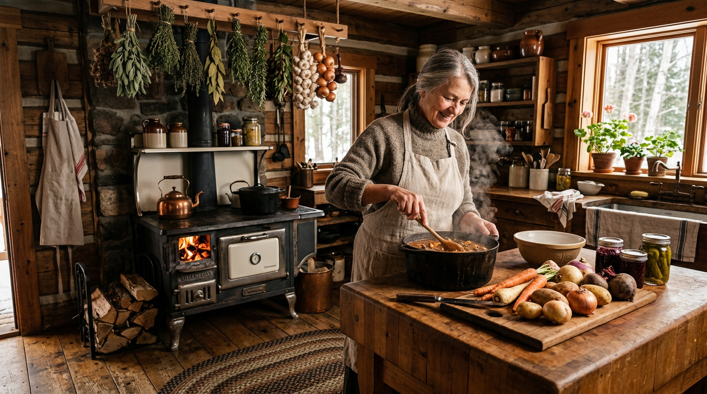 Canadian woman cooking traditional meal in a rustic log cabin kitchen