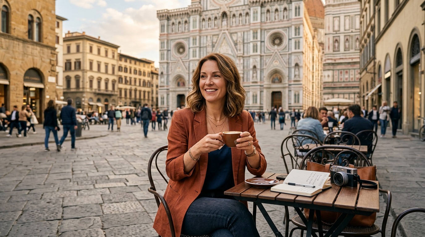 Woman in her 40s at an outdoor café in a European city square