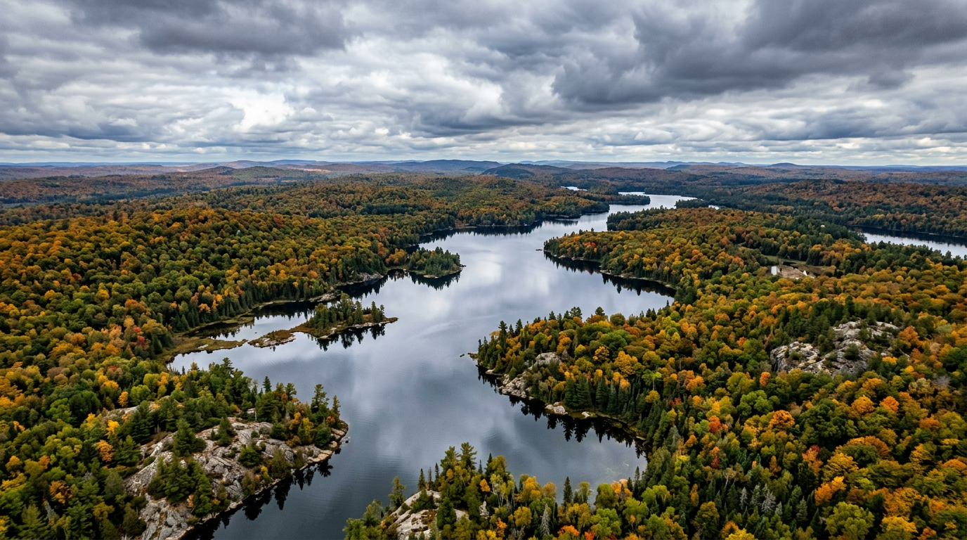 Aerial view of Canadian Shield boreal forest and lakes in autumn