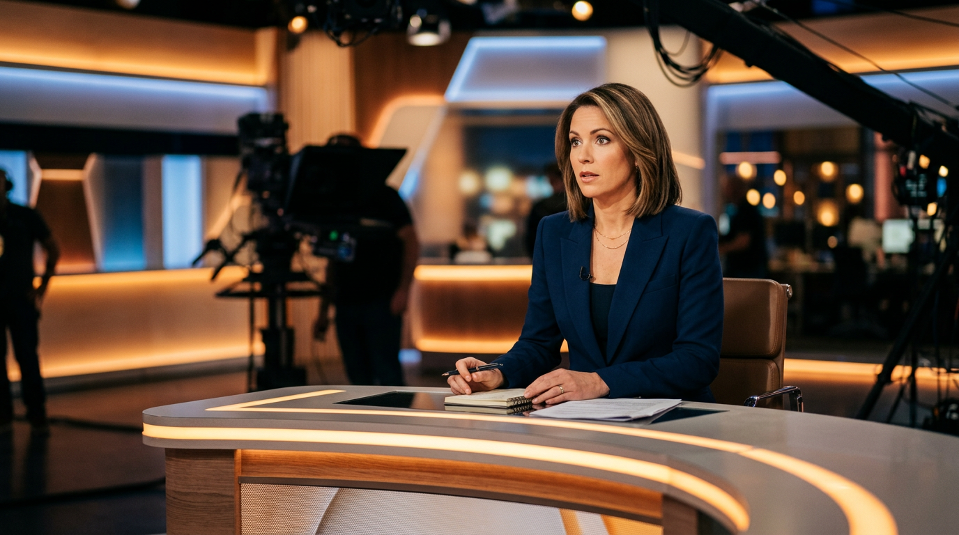 TV anchor at broadcast desk during a live show
